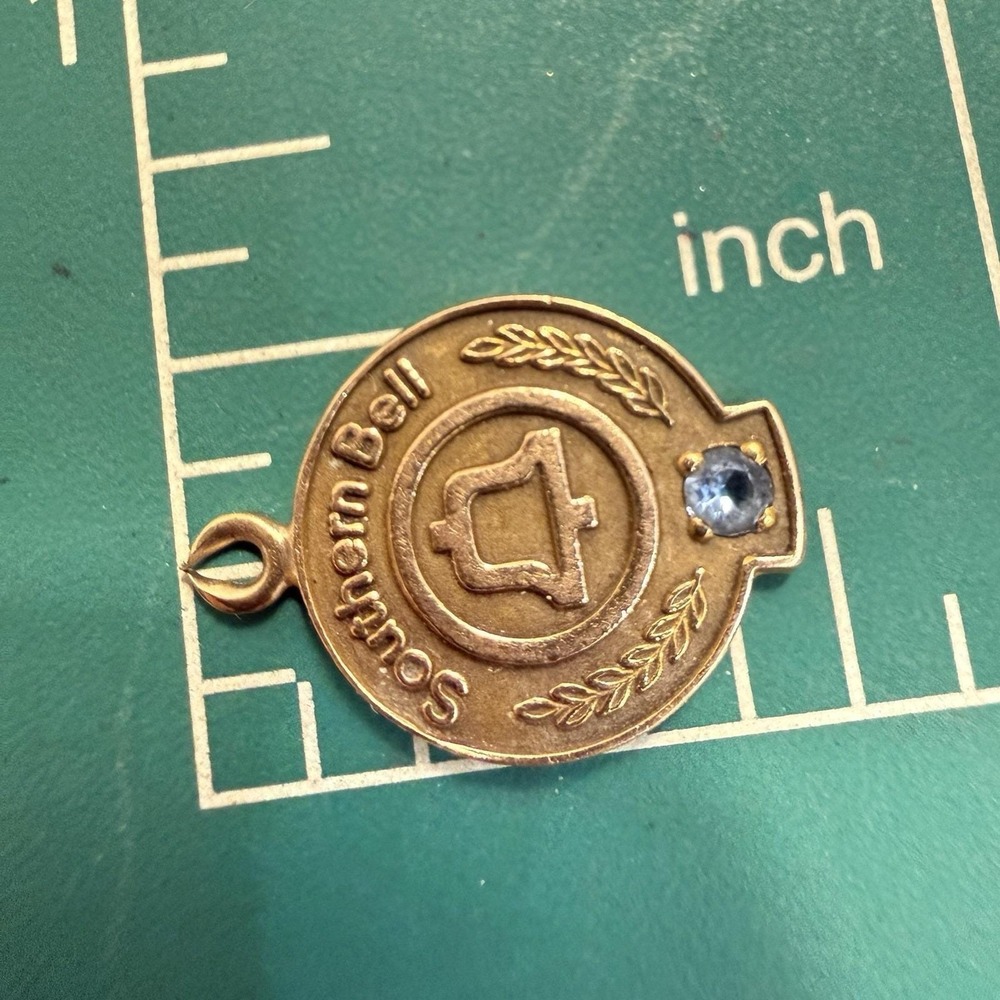 Vintage Southern Bell Charm Pendant 10K Yellow Gold Light Blue Gemstone FLAW - Picture 3 of 4